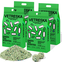 VETRESKA Tofu Cat Litter greentea packaging highlights eco-friendly, flushable formula.