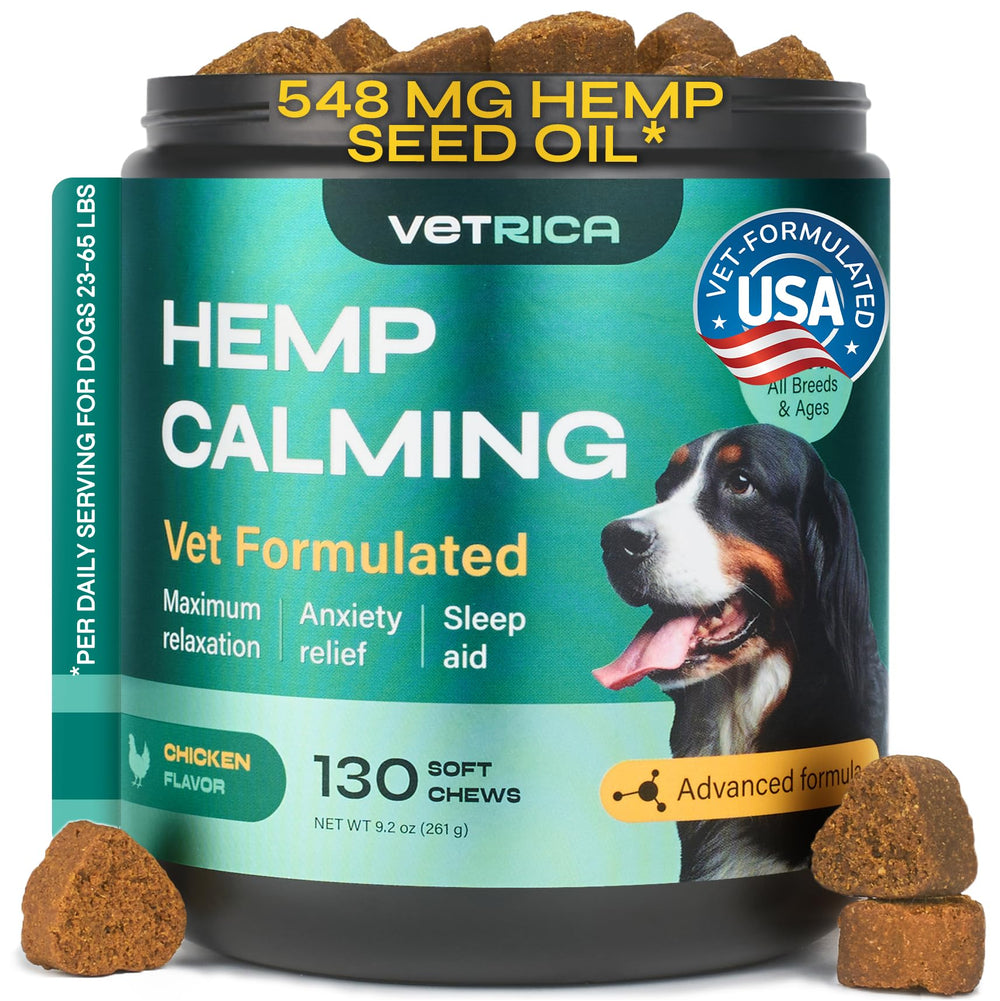 Vetrica Calming Chews bottle; soothing dog treats for storms and vet visits.