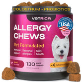 Vetrica dog allergy relief chews packaging showing turmeric and quercetin for seasonal support.