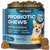 Vetrica dog probiotic chews in tub closeup show soft texture aiding gut health.