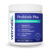 Vetrinex Labs Coprophagia Deterrent powder bottle showcases probiotic gut-support formula for dogs.