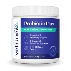 Vetrinex Labs Coprophagia Deterrent powder bottle showcases probiotic gut-support formula for dogs.