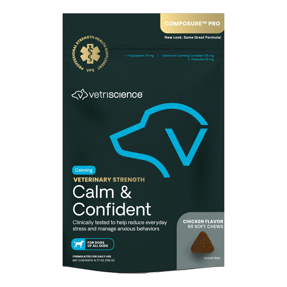 VetriScience Calm & Confident chews bottle shows easy dosing for pet relaxation.