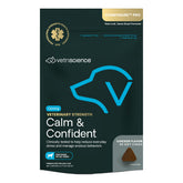 VetriScience Calm & Confident chews bottle shows easy dosing for pet relaxation.