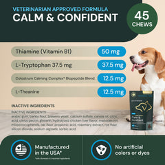 VetriScience Calm & Confident ingredients label highlights L-Theanine and Thiamine for brain support.