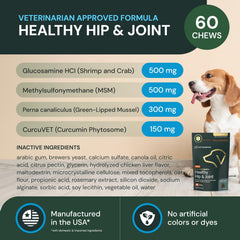 VetriScience dog eating chews scene suggests palatability and movement support.