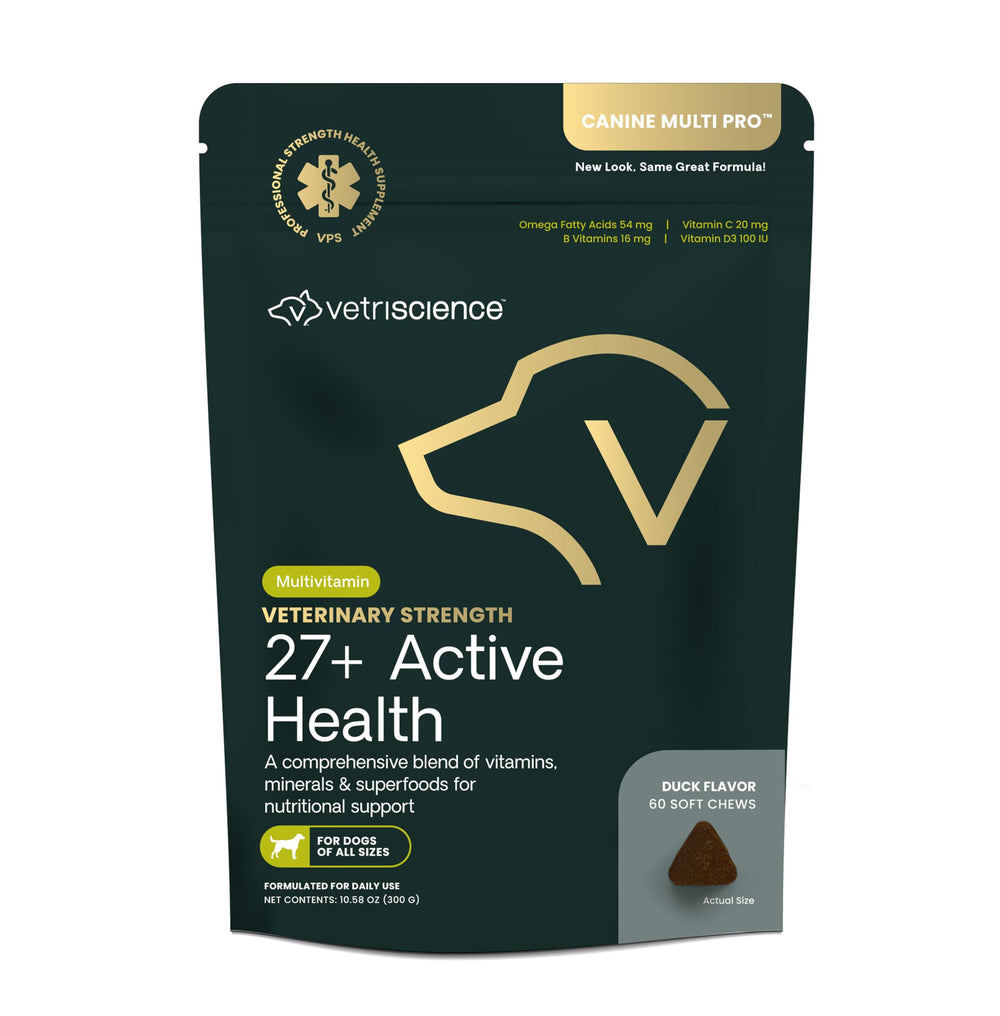 VetriScience Veterinary Strength 27+ bottle front signaling daily canine wellness support