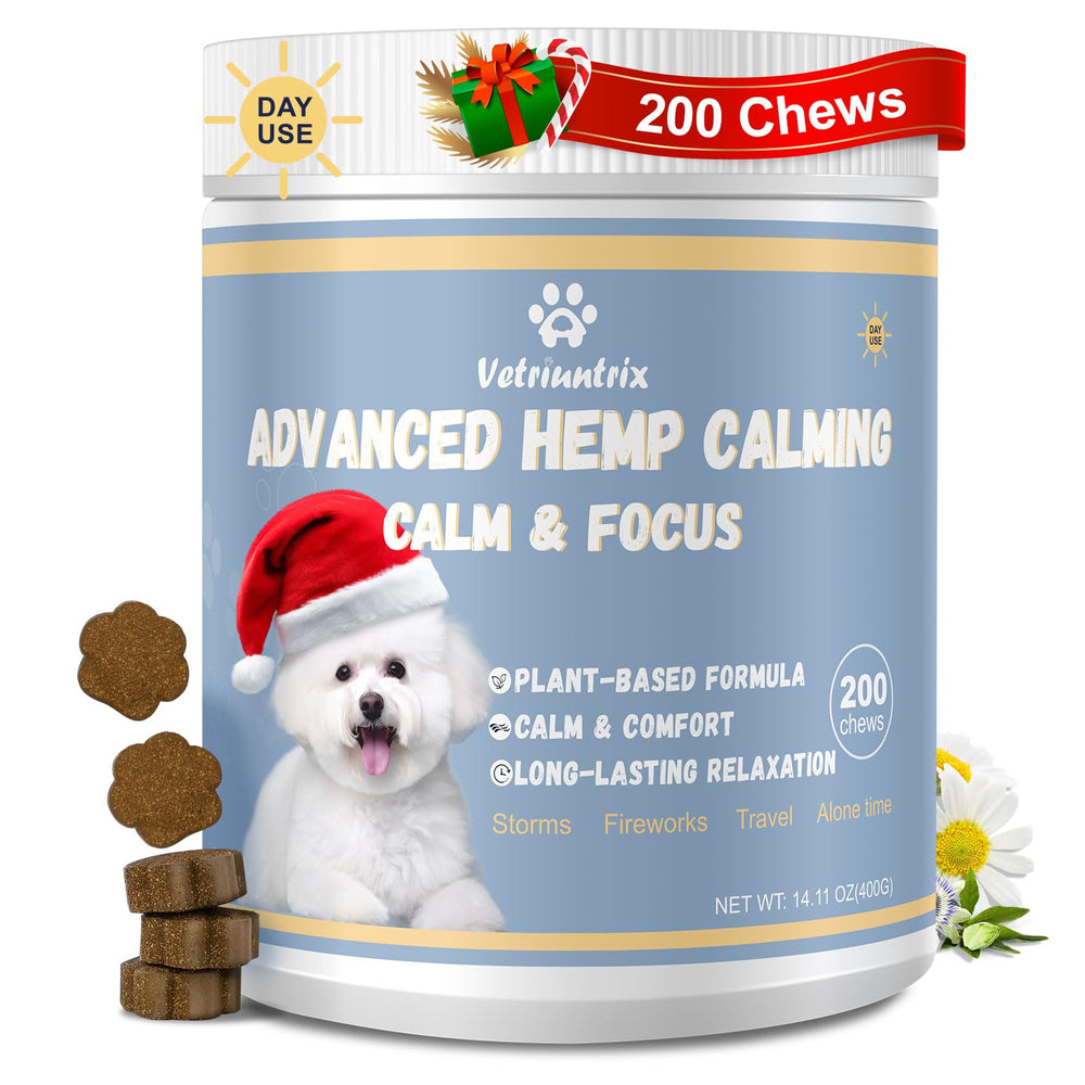 Vetriuntrix Calming Chews bottle pouring, signaling easy daily stress support for dogs.