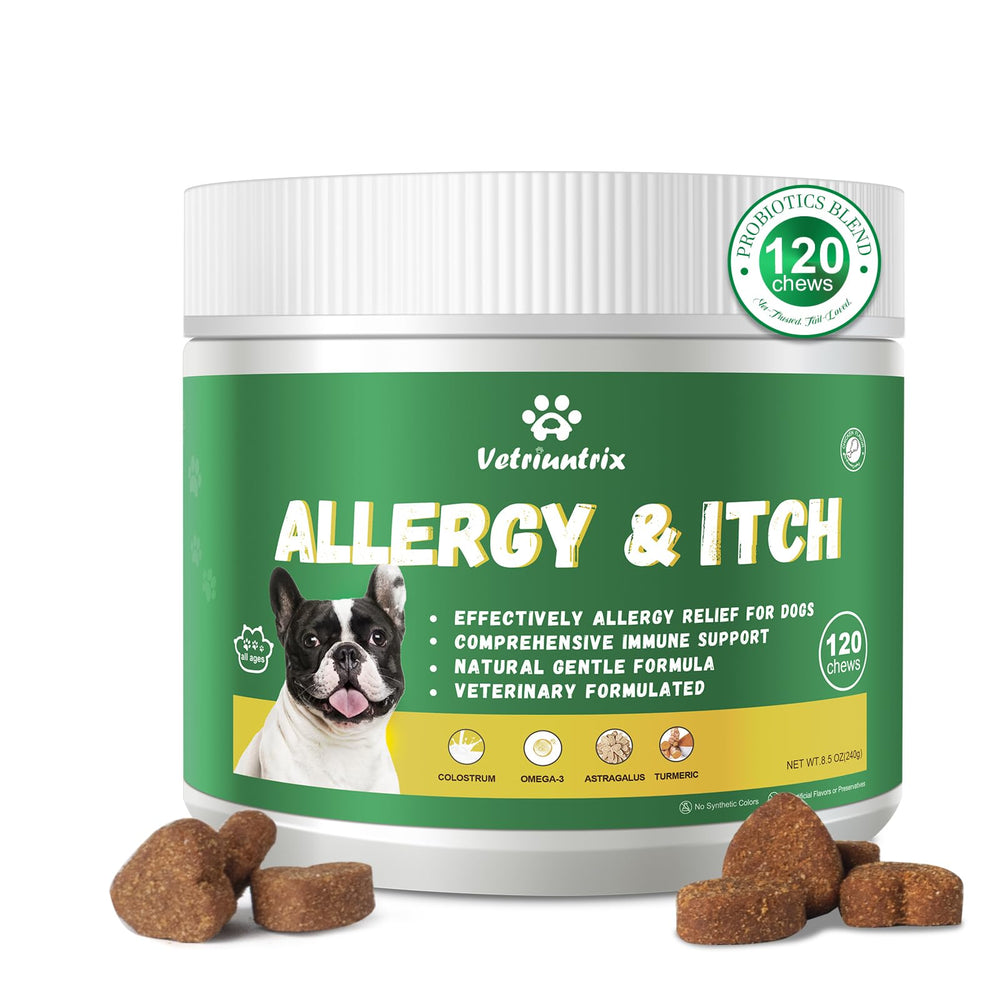 Vetriuntrix Dog Allergy Chews bottle shows a vet-approved supplement for itch relief and immune support