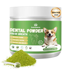 Vetriuntrix dog teeth cleaning powder bottle closeup highlighting natural formula for gum health
