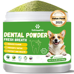 Vetriuntrix dog teeth cleaning powder jar closeup showing fresh breath support.