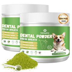 Vetriuntrix dog teeth powder packaging highlighting natural ingredients and vet formulation.