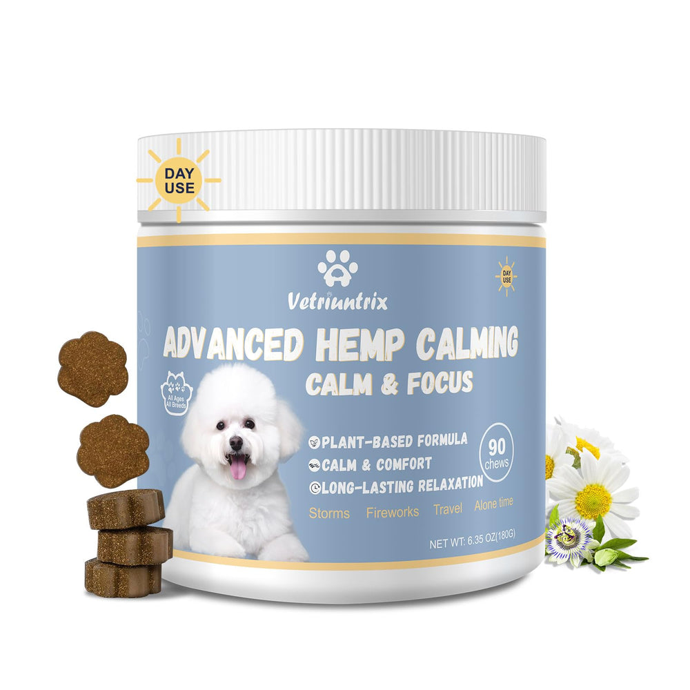 Vetriuntrix packaging with calming chews supports daily canine calm.