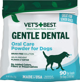 Vet’s Best dog teeth cleaning powder tub closeup showing creamy powder for fresh breath and dental support