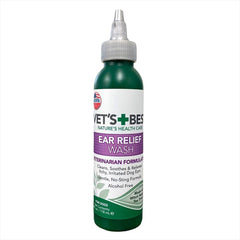 Vet's Best Ear Relief Wash bottle being poured for gentle ear cleaning