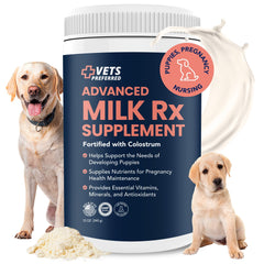 Vets Preferred Puppy Milk Replacer bottle pour supports easy feeding for puppies.