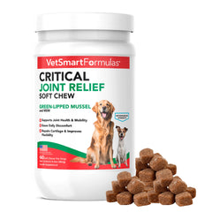 VetSmart Critical Joint Relief soft chews bottle closeup for daily joint support