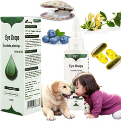 VEZE Eye Drops bottle applied to a dog's eye for gentle comfort and protection.