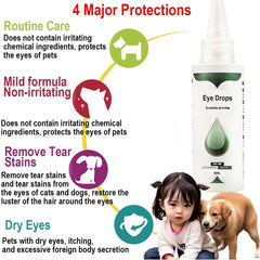 VEZE Eye Drops cleans a dog's eyes, removing mucus for clearer visibility.