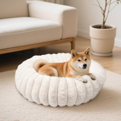 Vhen When Donut Bed close-up with plush faux rabbit fur for cozy warmth and comfort.