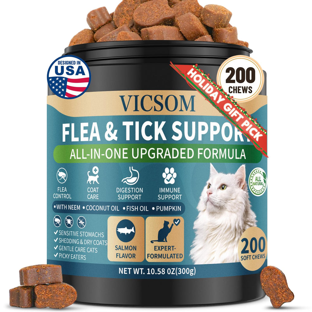 VICSOM flea-tick chews salmon bottle shows easy daily dosing for cats