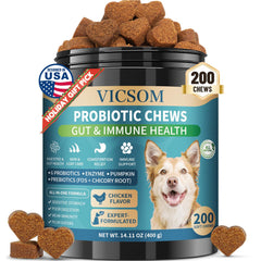 VICSOM Dog Probiotics chews bottle front for daily digestive health.