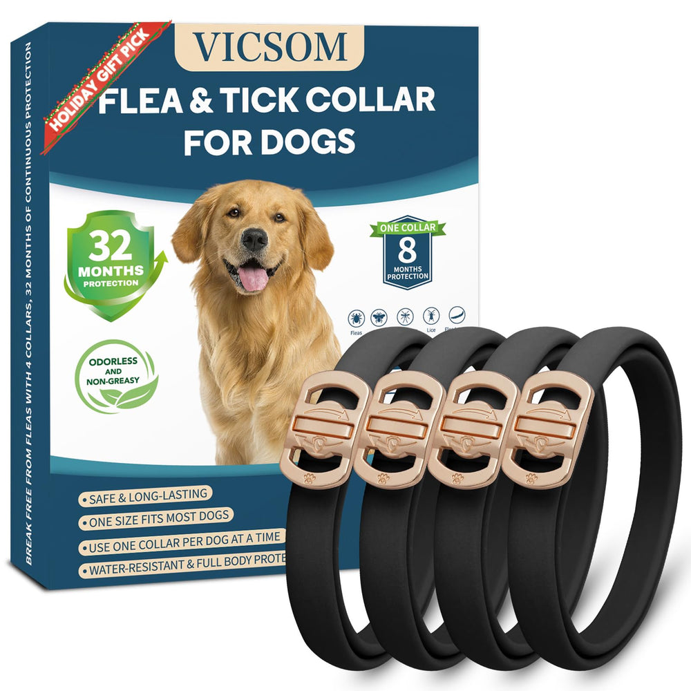 VICSOM flea-tick collar for dogs in black four-pack showing long-lasting protection