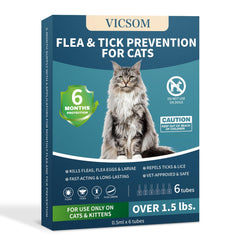 VICSOM flea-treatment cat-packaging shows a convenient 6-month supply for ongoing protection.