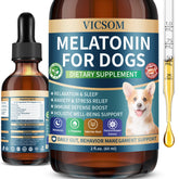 VICSOM liquid melatonin for dogs bottle image shows easy daily calming use.