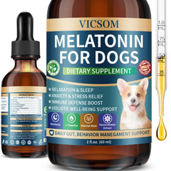VICSOM liquid melatonin for dogs bottle image shows easy daily calming use.