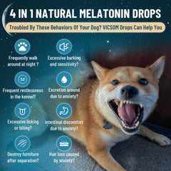 VICSOM melatonin drops with dropper highlights simple dosing for relaxed dogs.