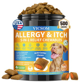 VICSOM dog allergy relief chews bottle front shows daily allergy support for dogs
