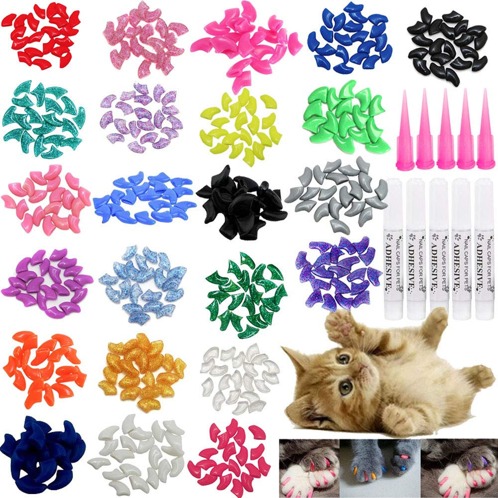 VICTHY cat nail caps 100pcs pack with glue and applicators for scratch-free homes.