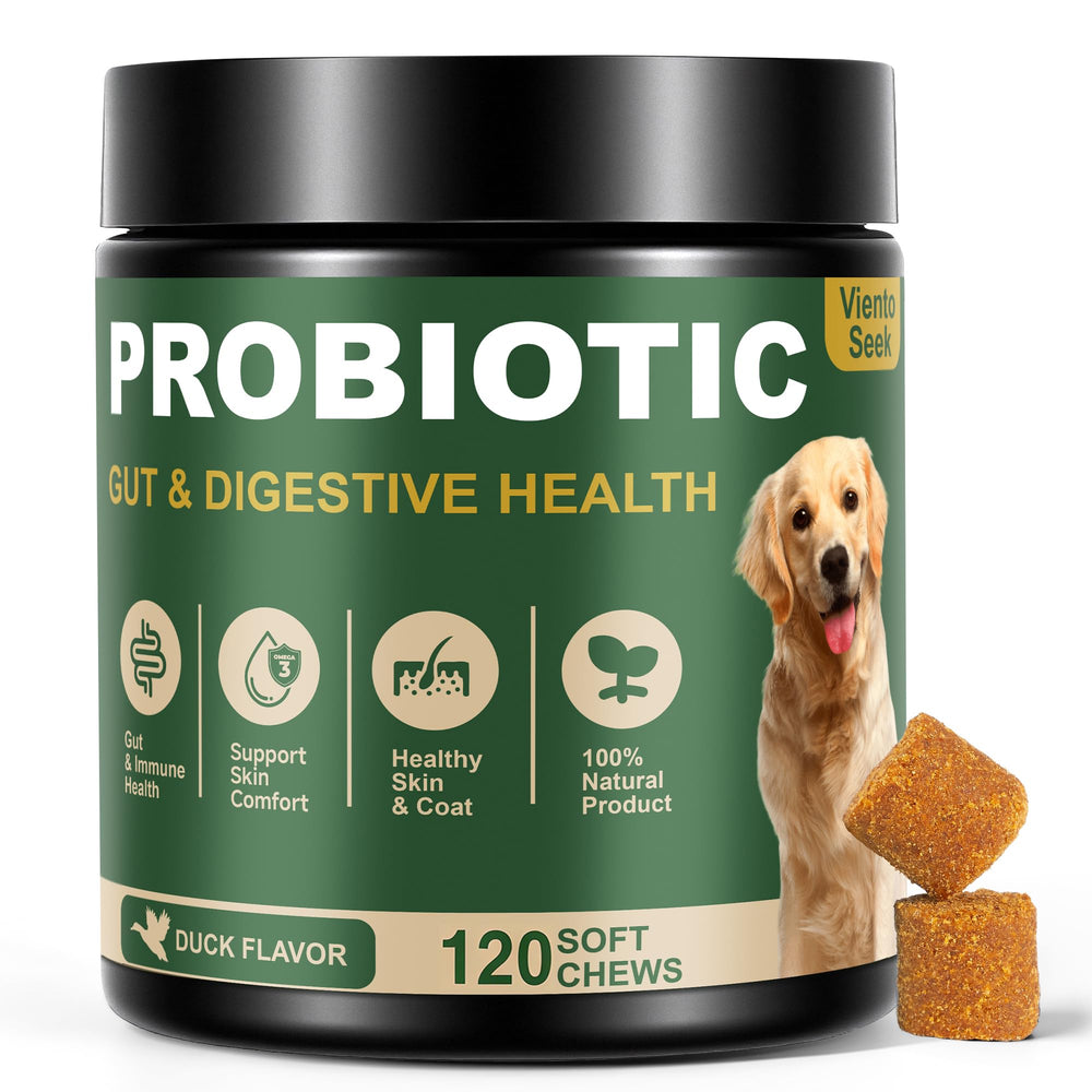 VientoSeek dog probiotics bottle with duck-flavored chews promoting gut balance.