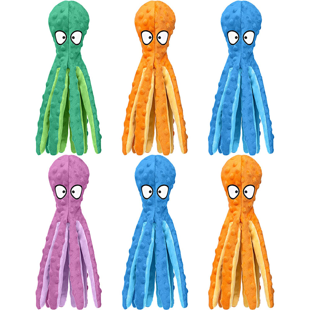 Vinsot 6-pack plush octopus toys with no stuffing for safe chewing and playful fetch.