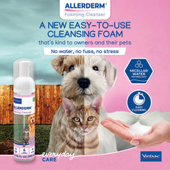Virbac Allerderm Foaming Cleanser foam application demonstrates micellar cleansing for sensitive skin.