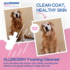 Virbac Allerderm Foaming Cleanser on-the-go use illustrates easy, portable cleansing for dogs and cats.