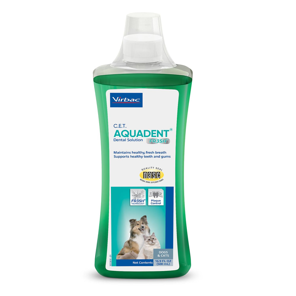 Virbac Aquadent bottle front for fresh breath and oral health support.