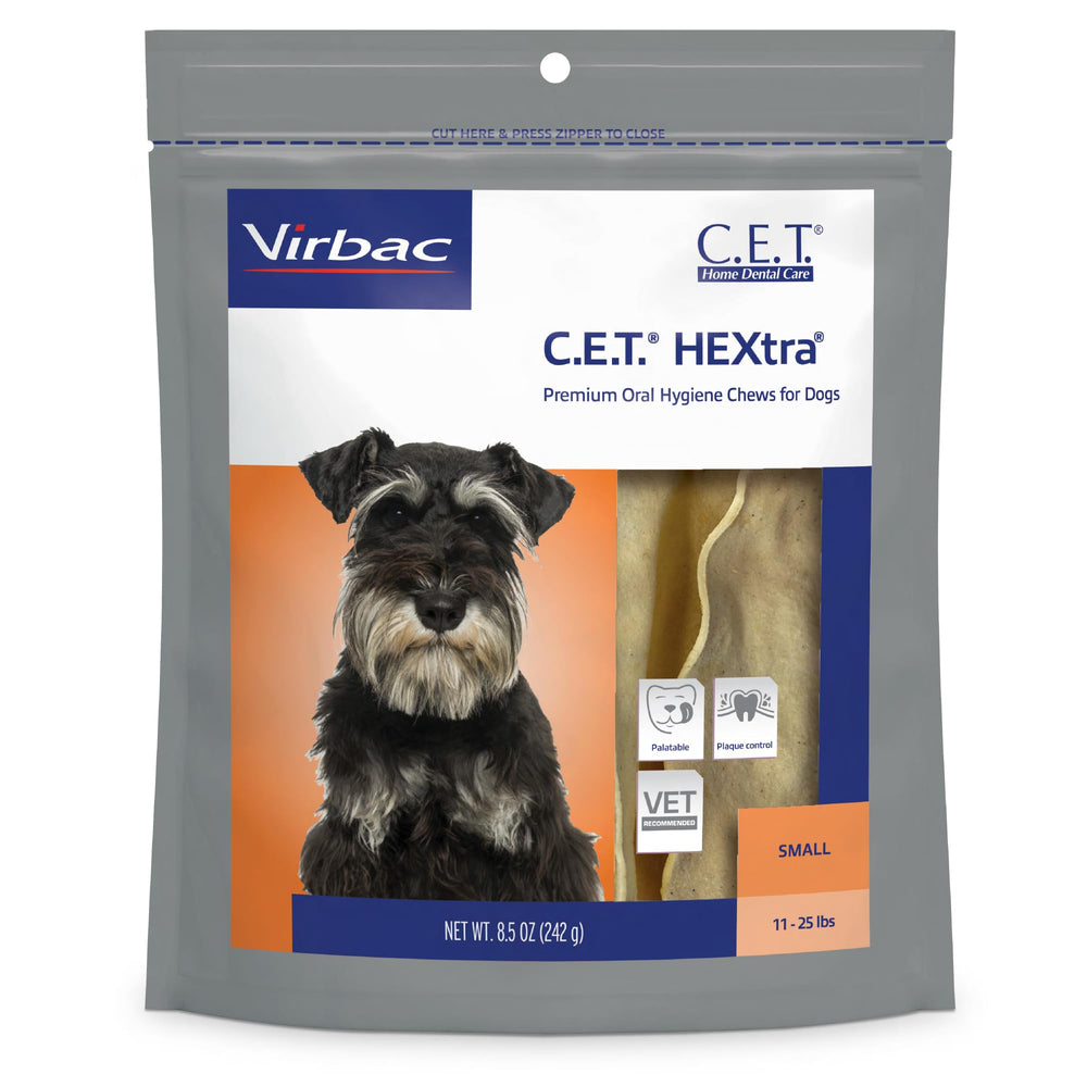Virbac C.E.T. HEXtra Premium packaging front communicates dental support for dogs.