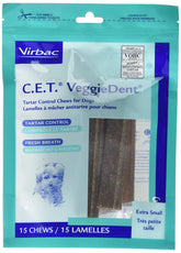 Virbac C.E.T. VeggieDent extra-small bag showing tartar-control chews for dogs.