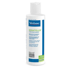 Virbac Keratolux medicated shampoo bottle front highlights tar-free formula for delicate skin