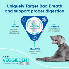 Virbac Veggiedent FR3SH packaging shot communicates VOHC-approved tartar control