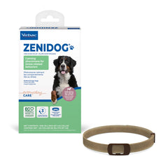 Virbac ZENIDOG collar packaging showcases long-lasting calming pheromones for dogs' anxiety relief.