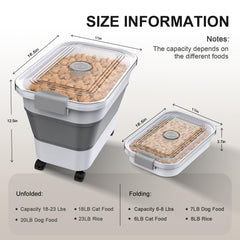 Viretec dog food container collapsible design saves kitchen space when not in use.