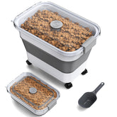 Viretec dog food container with transparent lid shows remaining dry food for easy planning.