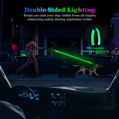Visinite LED dog leash glows in the dark with reflective strips for visibility
