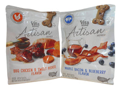 Vita Bone Artisan dog biscuits pack closeup highlighting crunchy texture for rewarding playtime.