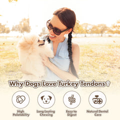 VITADAY turkey tendons dog enjoying chew underscores dental benefits and fresh breath potential.