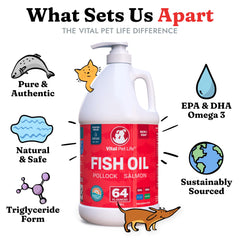 Vital Pet Life Fish Oil bottle with measuring cap ready for convenient dosing.