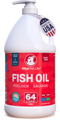 Vital Pet Life Fish Oil for Dogs bottle pour showing easy daily dosing for healthier coats.